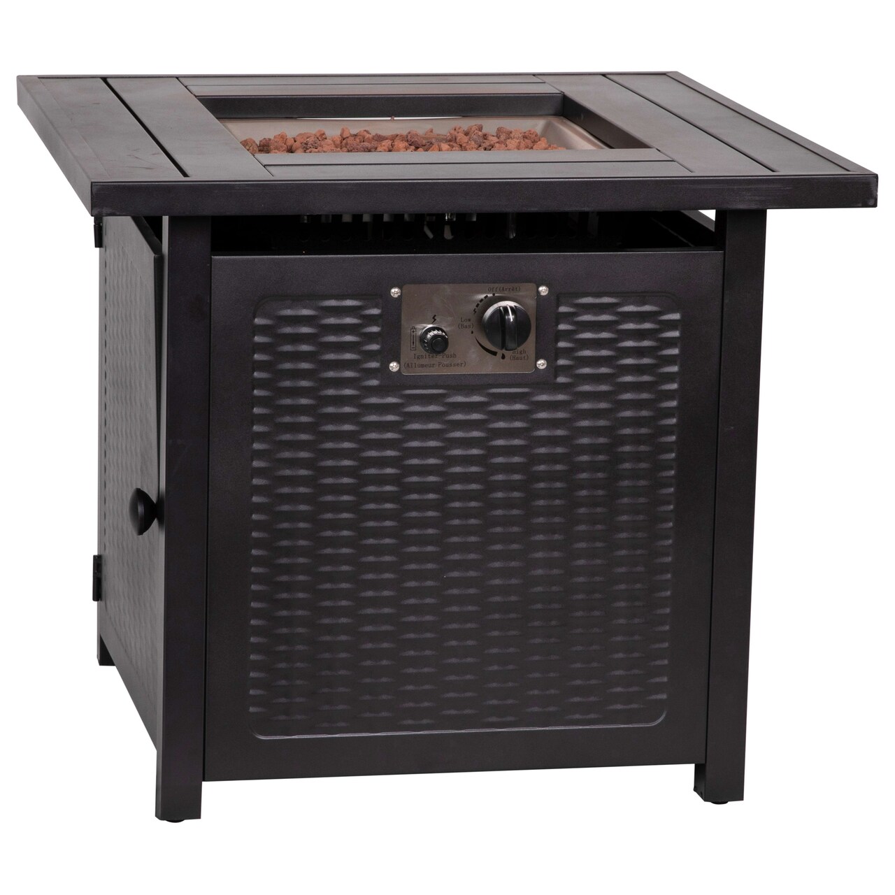 Emma and Oliver Calder 50,000 BTU Propane Fire Table with Wicker Motif Steel Base and Steel Tabletop with Included Lid, Lava Rocks, and Tank Holder